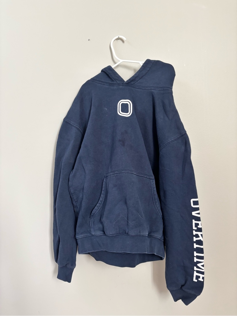 Overative Navy Pullover Hoodie with Sleeve Text